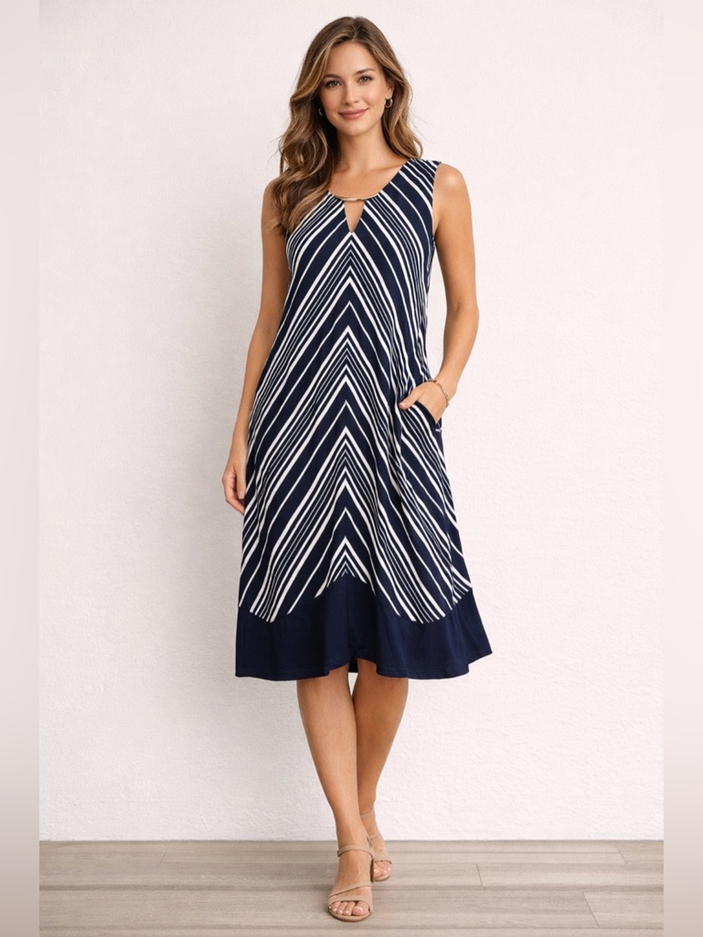 NWT Soma‎ Soft Jersey Swing Dress L Navy White Stripe Pockets